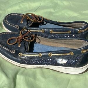 Sperry Blue and Brown Moccasin Boat Shoes with Rawhide Laces